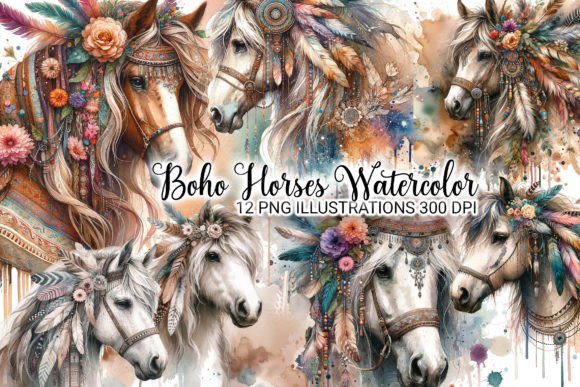 Boho Horses Watercolor 12 PNG Bundle - Download Now