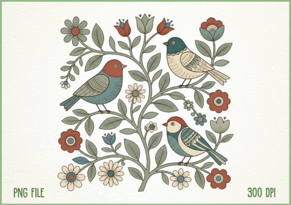 Vintage Boho Flower Birds Design - Download Now
